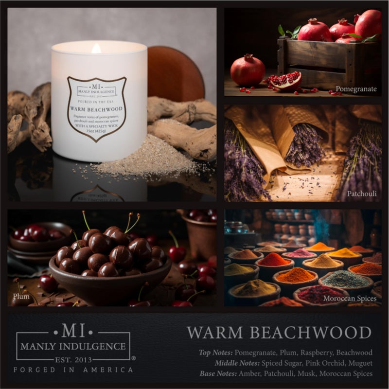 Manly Indulgence Warm Beachwood Scented Candles for Men, 15 oz Wooden Wick, Premium Soy Blend Wax, 60H Burn, Candles for Home Scented - Made in The USA - Image 2